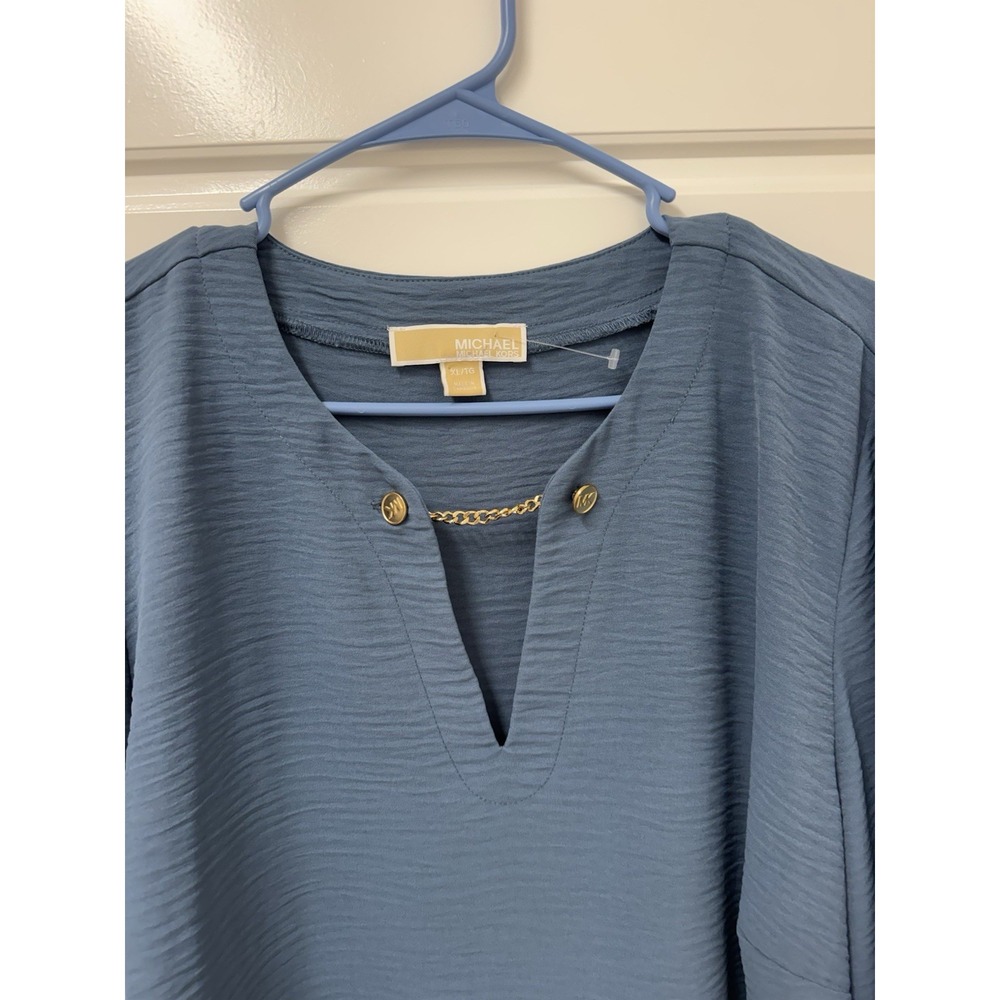Michael Kors XL Teal Turquoise Blouse Gold Chain Embellished Tie Sleeve Top 0019